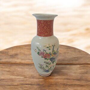 Vintage Japanese Satsuma Ware Vase - Hand-Painted Peacock & Florals w/ Gold Trim